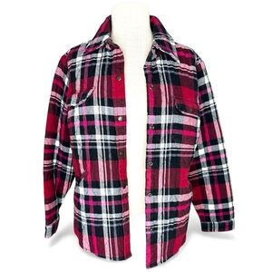 Bit & Bridle Women's Plaid Flannel Button Down Jacket - Red, Pink & Black Large